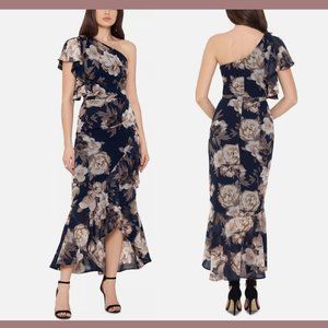 NWT Betsy & Adam [ 12 ] Midi One Shoulder‎ Chiffon Dress in Navy Floral